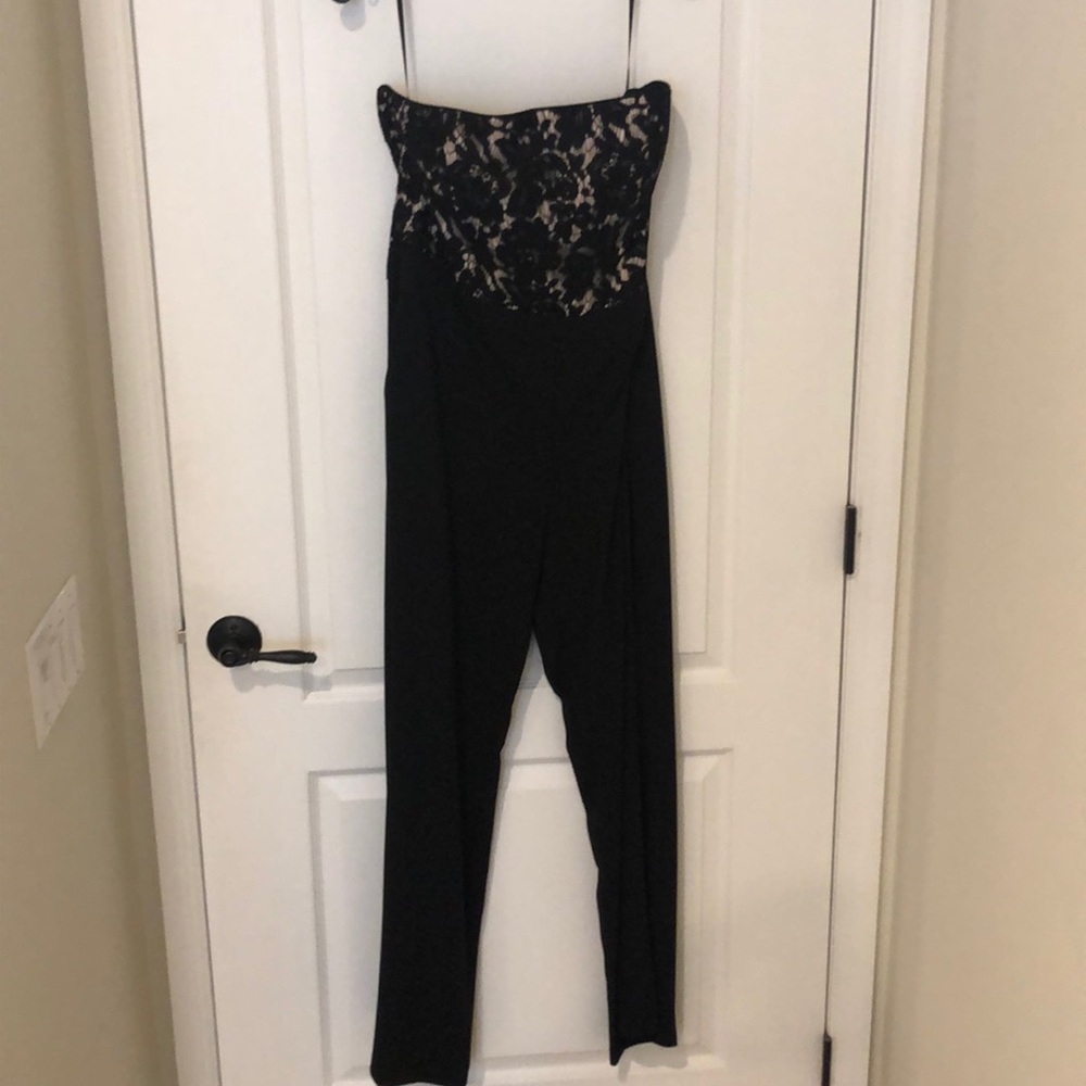Black strapless jumpsuit.